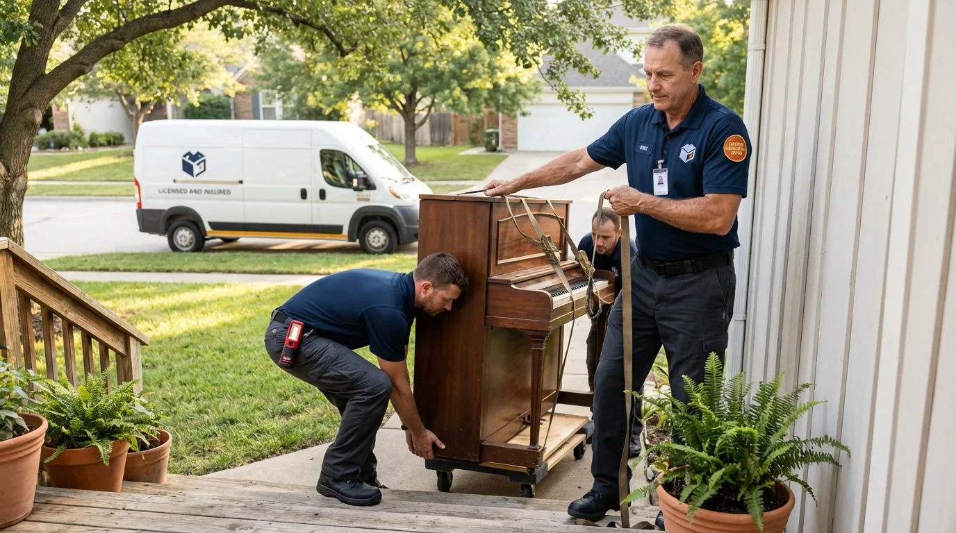 Licensed piano movers securing grand piano in Booneville, MS