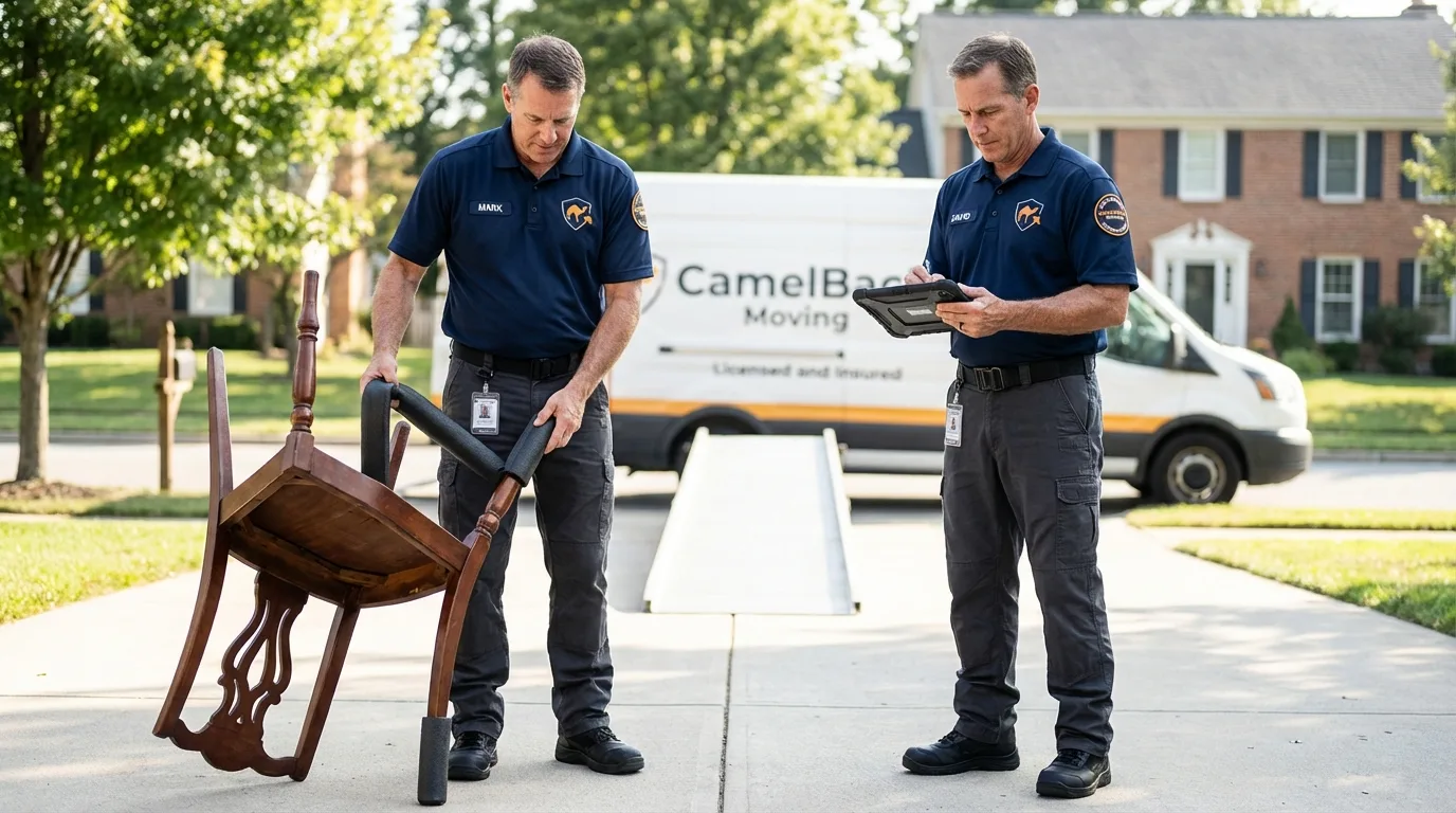 Movers inspecting furniture for damage prevention before loading in Booneville, MS