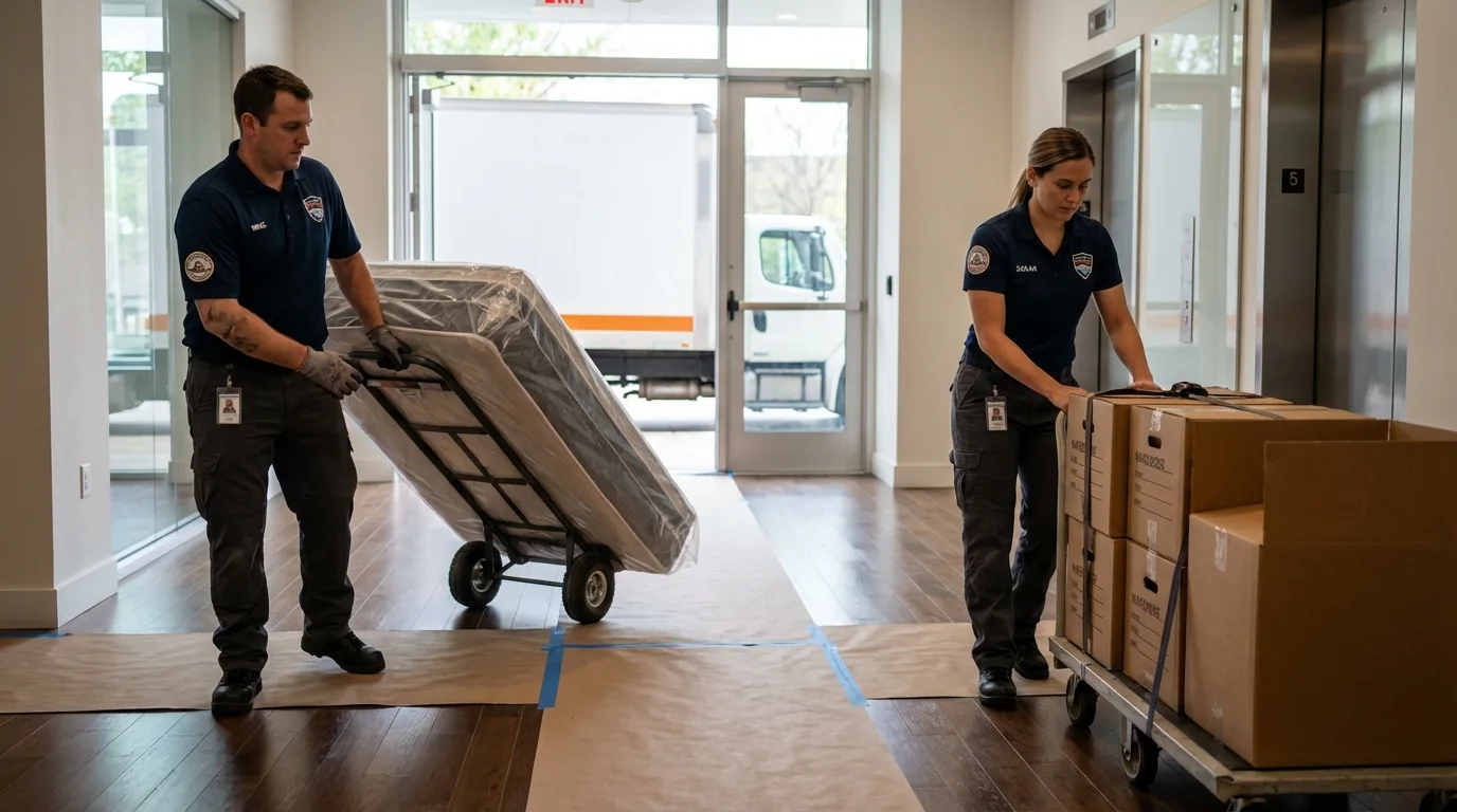 Professional apartment movers loading elevator in Booneville, MS