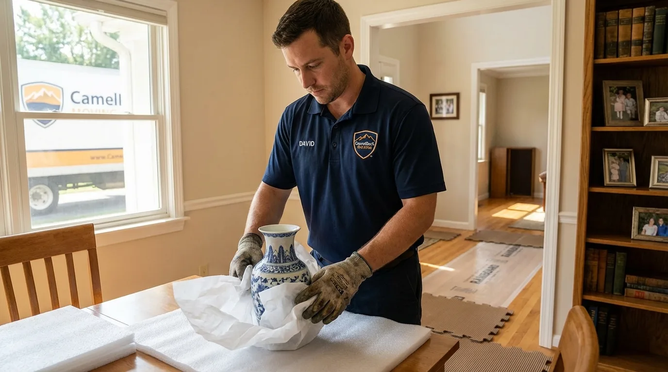 Professional crew carefully wrapping antique vase for senior downsizing move in Booneville, MS